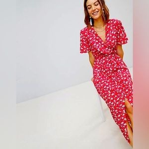 Vibrant red and blue floral faux-wrap dress